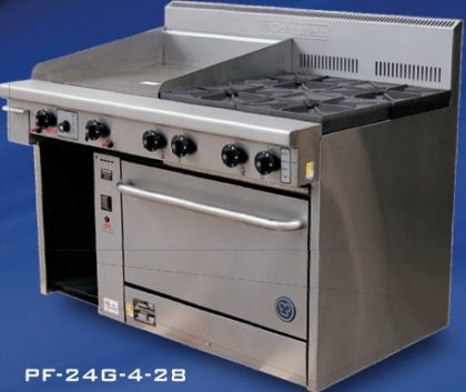 Goldstein PF-6-24GSA-2-28 800 Series 2x28 inch Static Gas Double Oven with 24 inch Griddle/Toaster-6 Burners